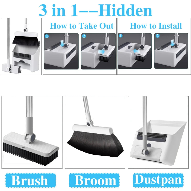 3 In 1 Broom And Dustpan Set With Long Handle For Home And Office Cleaning PVC Head