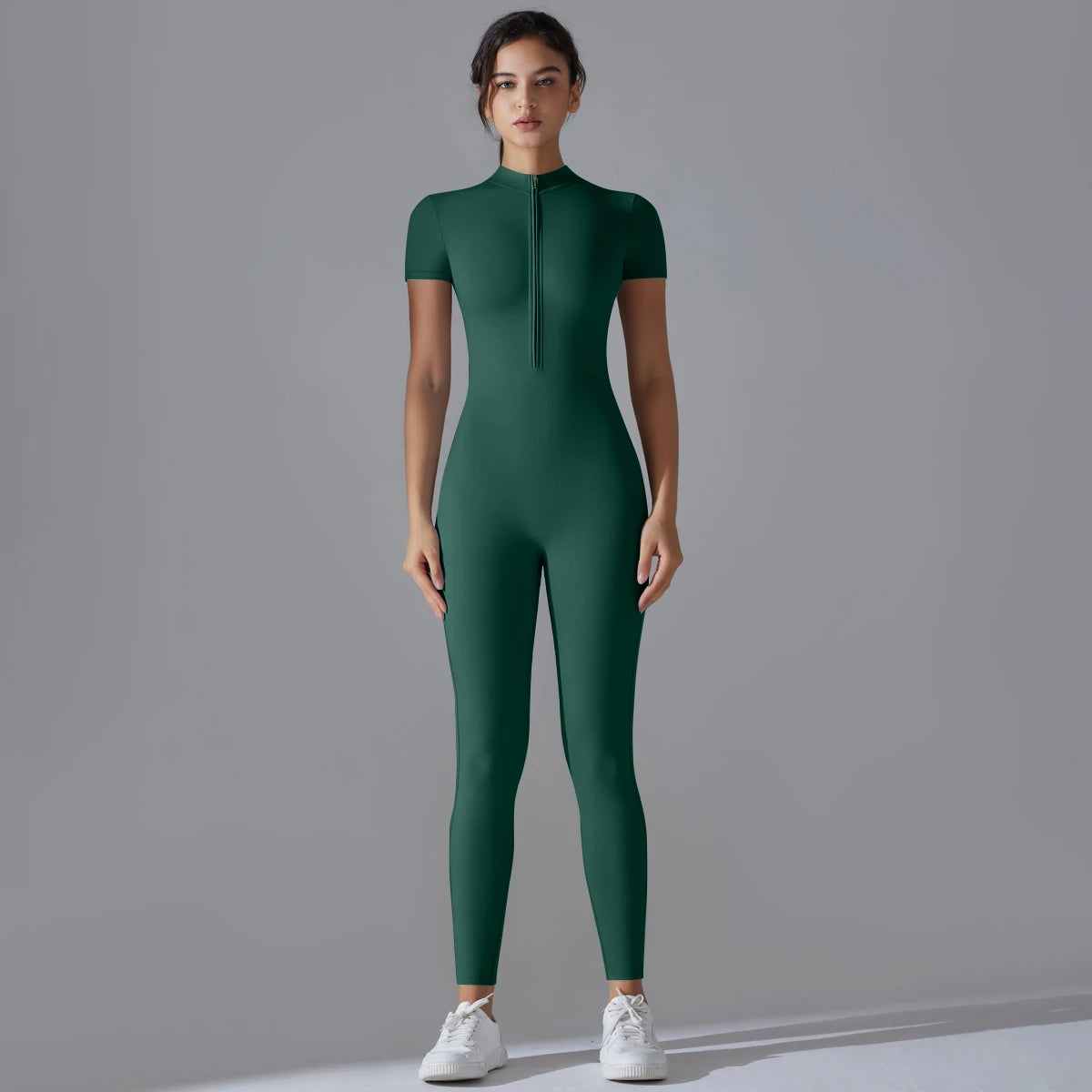 Naked Zipper Short Sleeve Yoga Jumpsuit High Stretch Nylon Spandex Breathable Flat Lock Seams