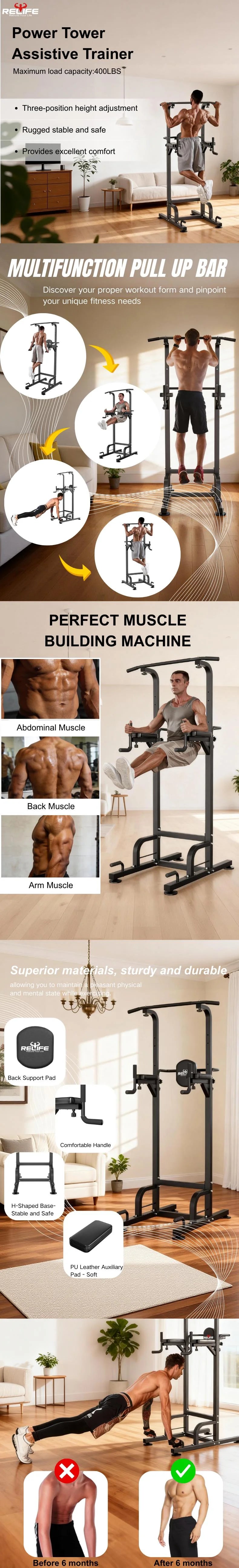 Power Tower Pull Up Dips Station for Gym Height Adjustable
