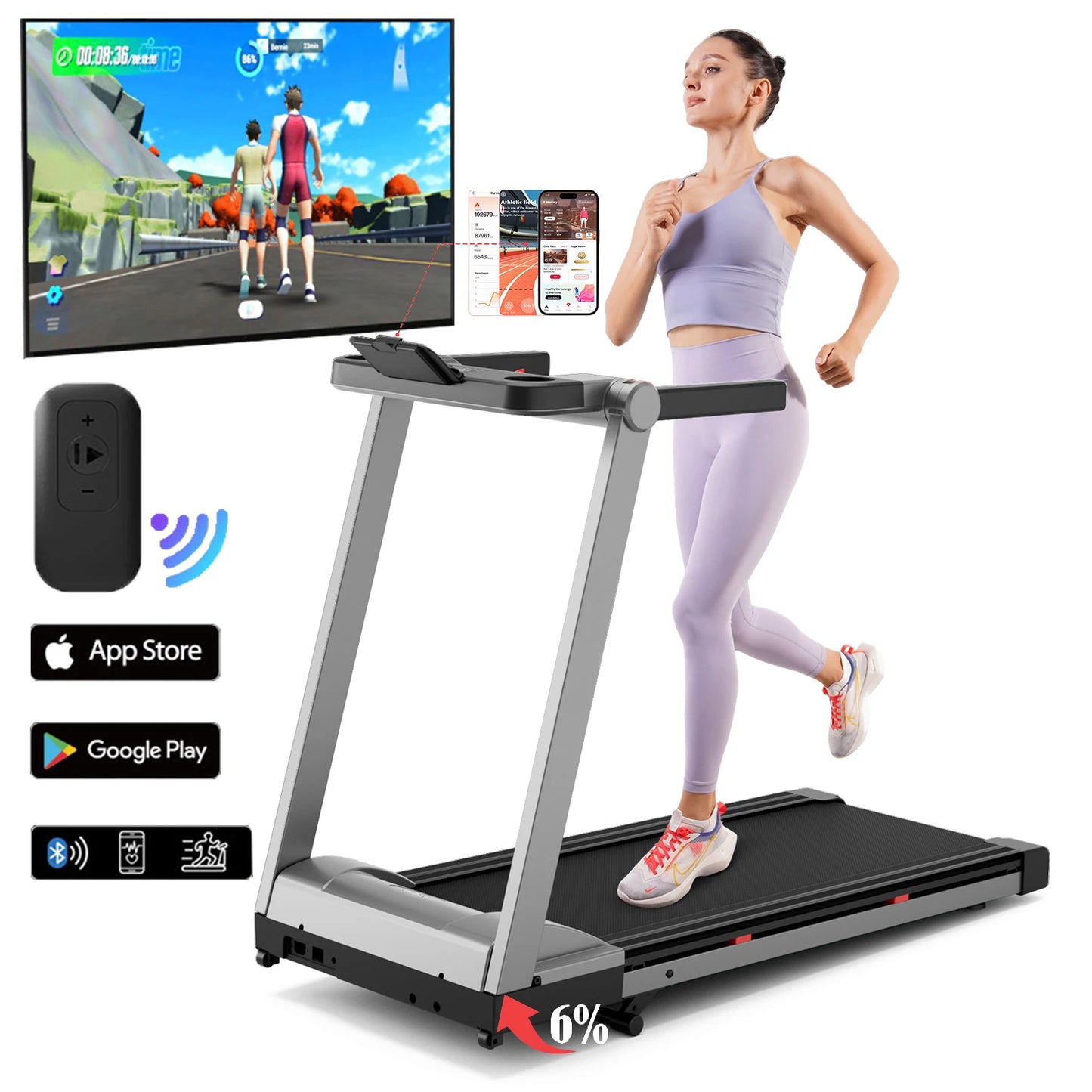 Superun Foldable Incline Treadmill Walking Pad With 6 Percent Incline 112x42 cm Platform Touchscreen App Data Monitoring