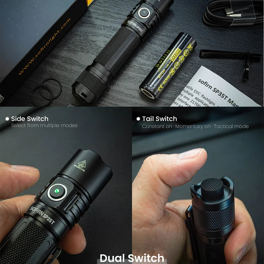 Sofirn SP35T 3800lm Tactical 21700 USB C Rechargeable Flashlight with XHP50 LED Pro