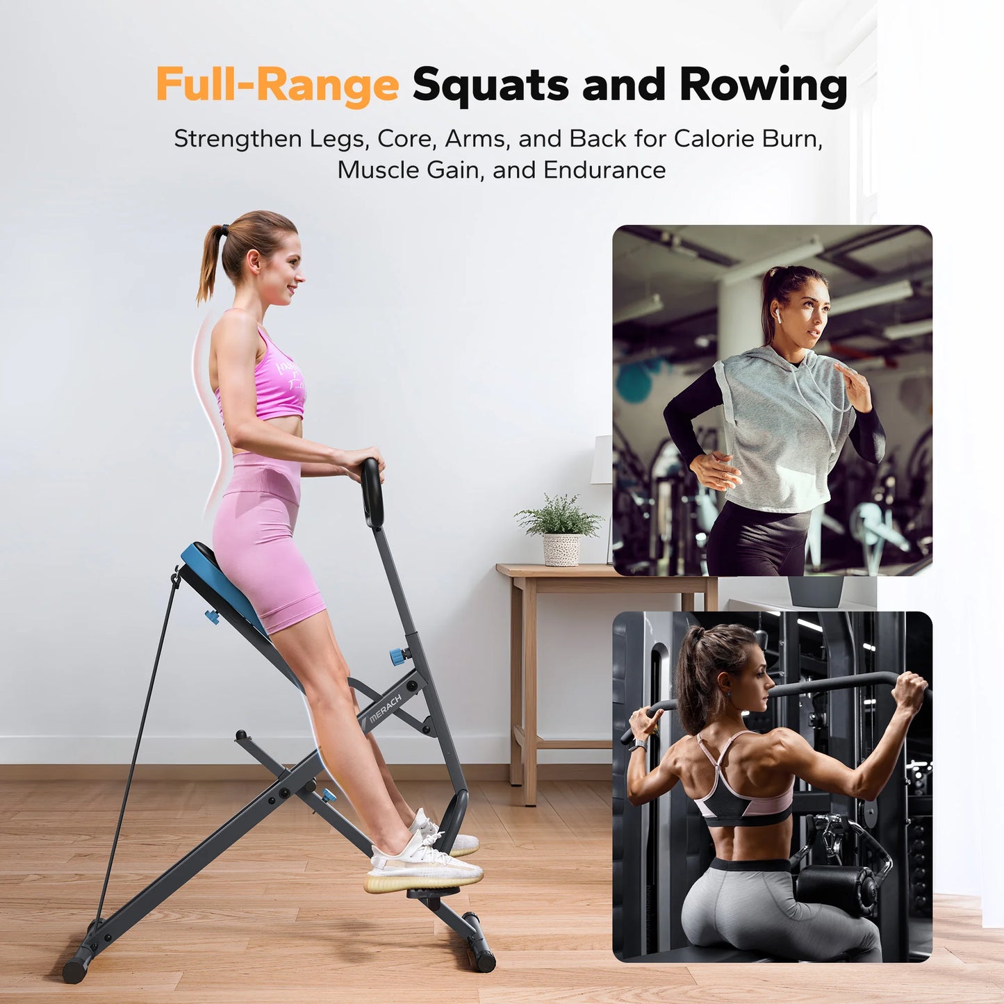 Merach 2in1 Squat And Rowing Machine For Home Gym With Foldable Frame And Real Time Feedback LCD Display