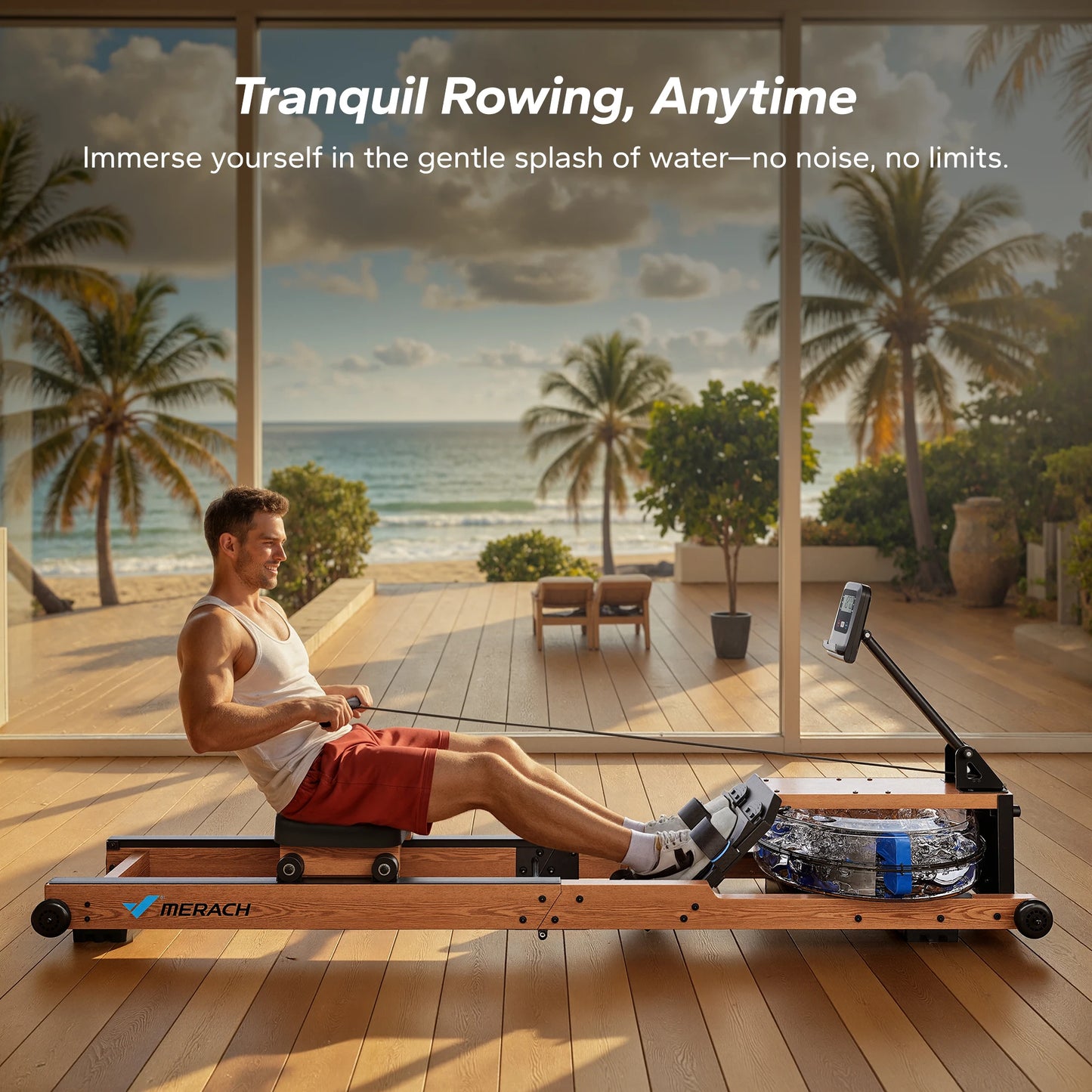 Merach High End Water Rowing Machine Foldable For Home Fitness 400 Lb Capacity Solid Wood Frame