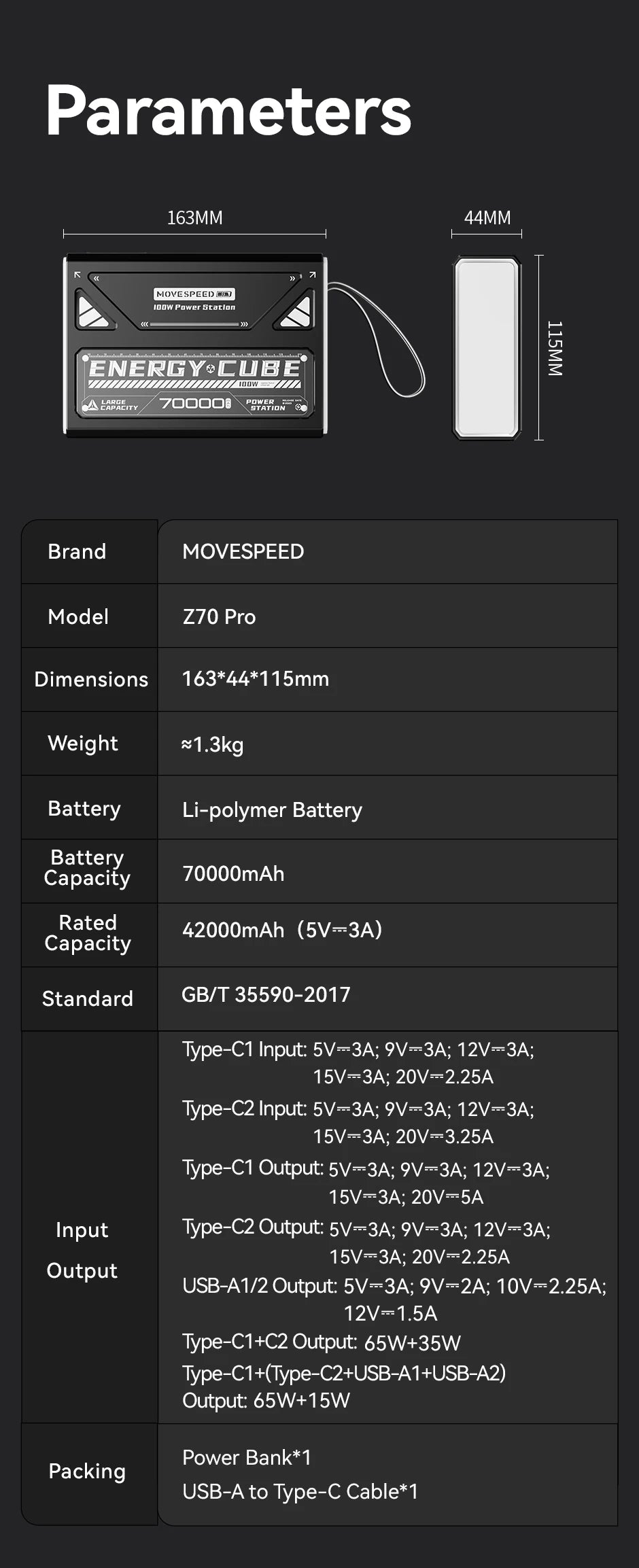 MOVESPEED Z70 Pro 100W Power Bank For MacBook Pro Outdoor