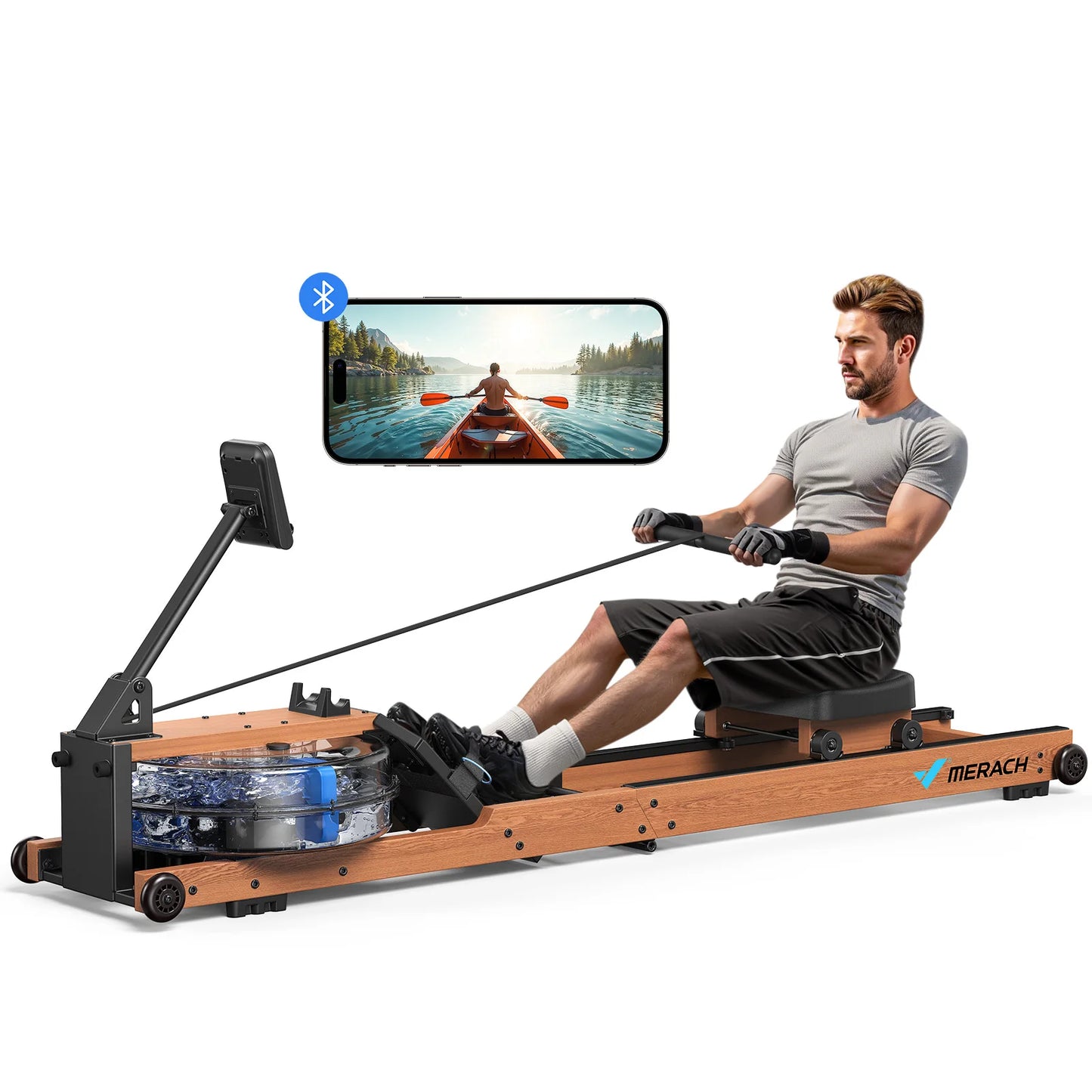 Merach High End Water Rowing Machine Foldable For Home Fitness 400 Lb Capacity Solid Wood Frame