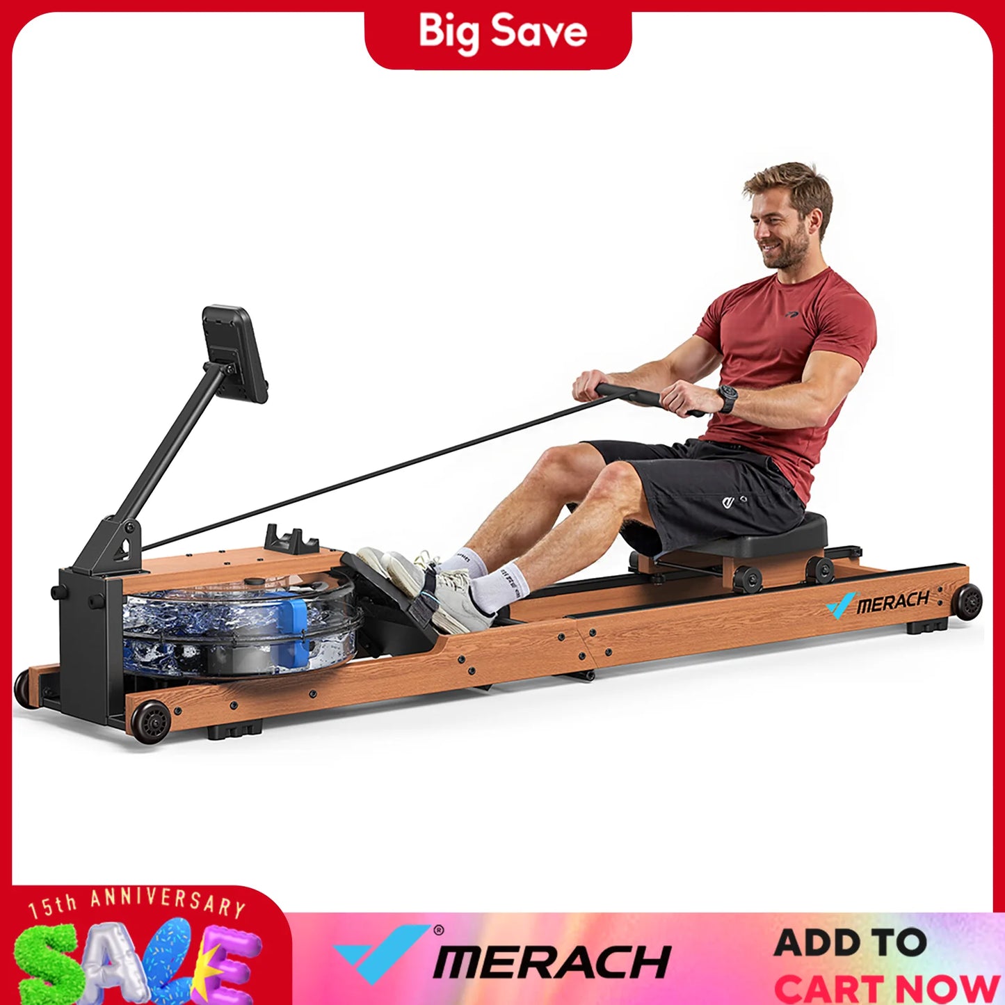 Merach High End Water Rowing Machine Foldable For Home Fitness 400 Lb Capacity Solid Wood Frame