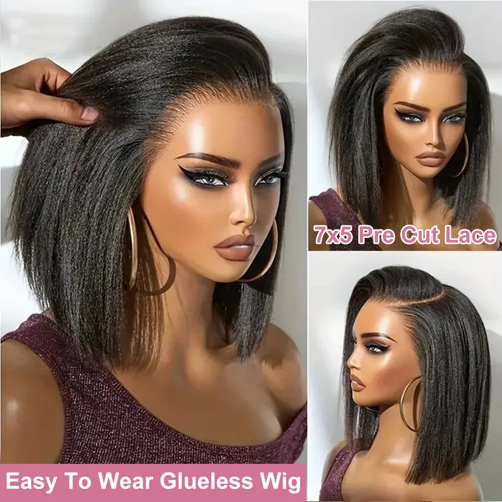 Line Hair Kinky Straight Bob Wig Glueless HD Lace Front