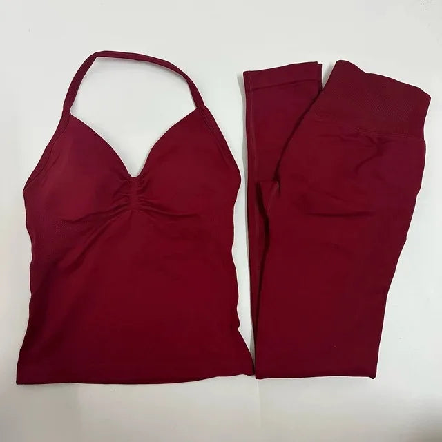 Women Halter Neck Yoga Set 2 Piece High Waist Leggings Crop Top