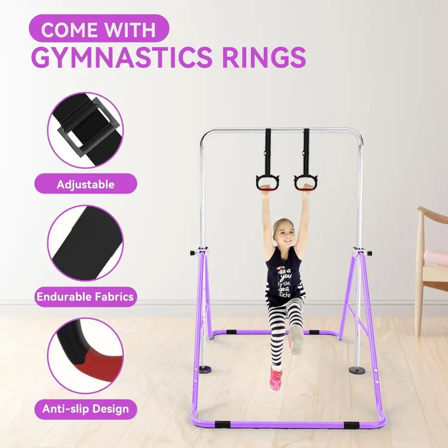 XMSJ Kids Gymnastics Bar With Rings Adjustable Height Folding