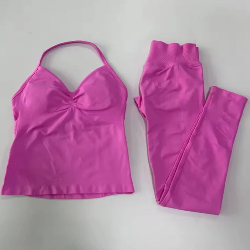 Women Halter Neck Yoga Set 2 Piece High Waist Leggings Crop Top