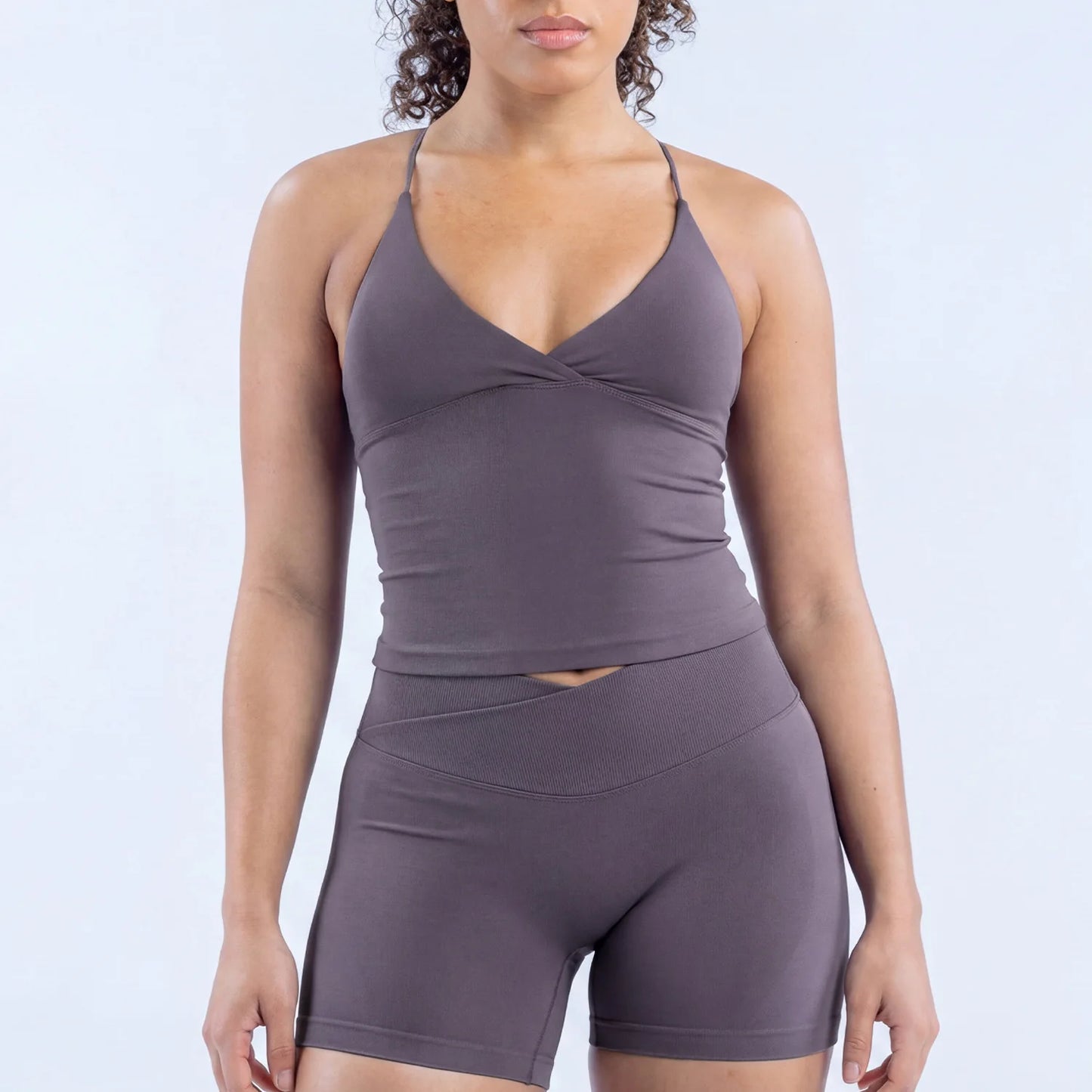 Seamless Women Workout Set V Neck Tank Top And High Waist Shorts