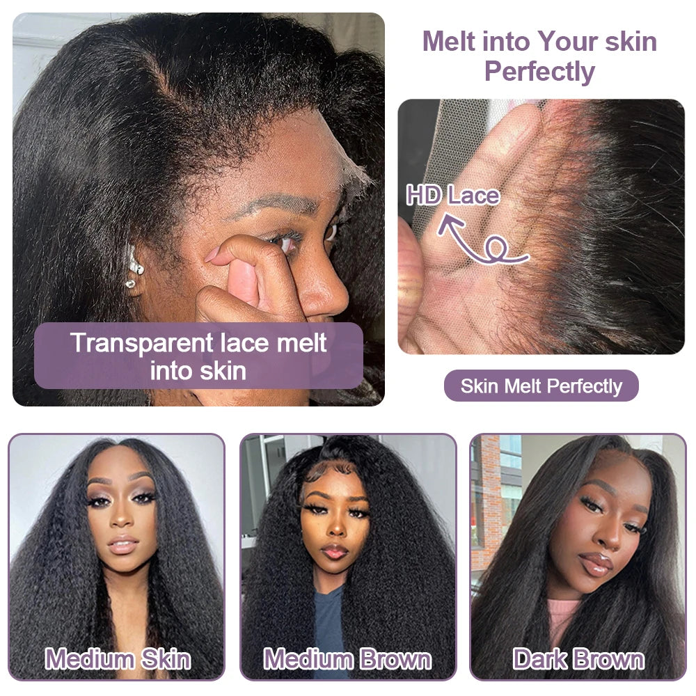 Line Hair Kinky Straight Bob Wig Glueless HD Lace Front