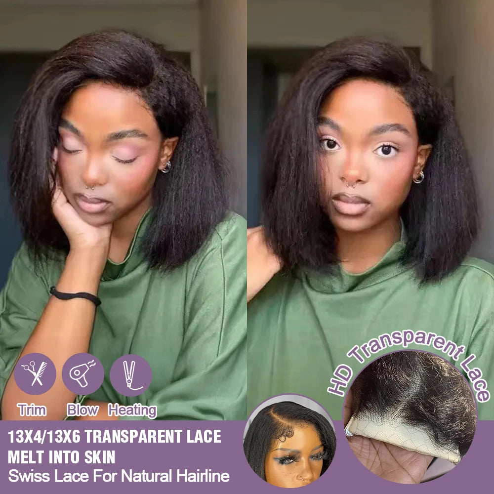 Line Hair Kinky Straight Bob Wig Glueless HD Lace Front