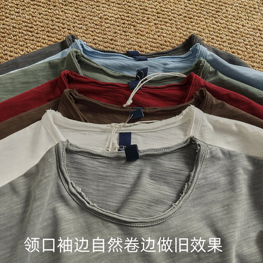 Iceupsnow Summer American Retro Breathable Cotton Slub T Shirt Men Neckline