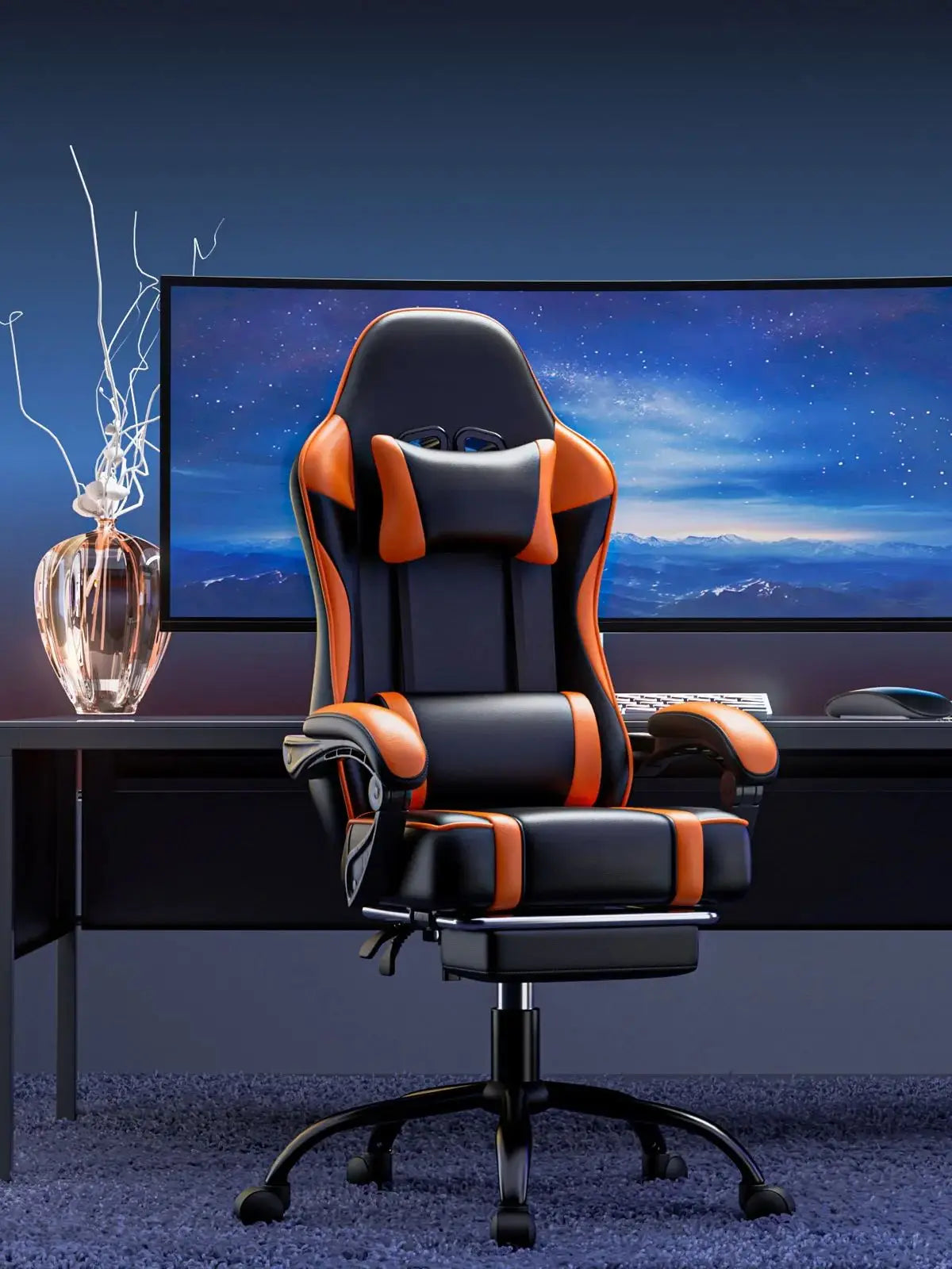 Gaming Chair With Built In Footrest PU Leather Reclining Office Desk Chair For Long Gaming Sessions