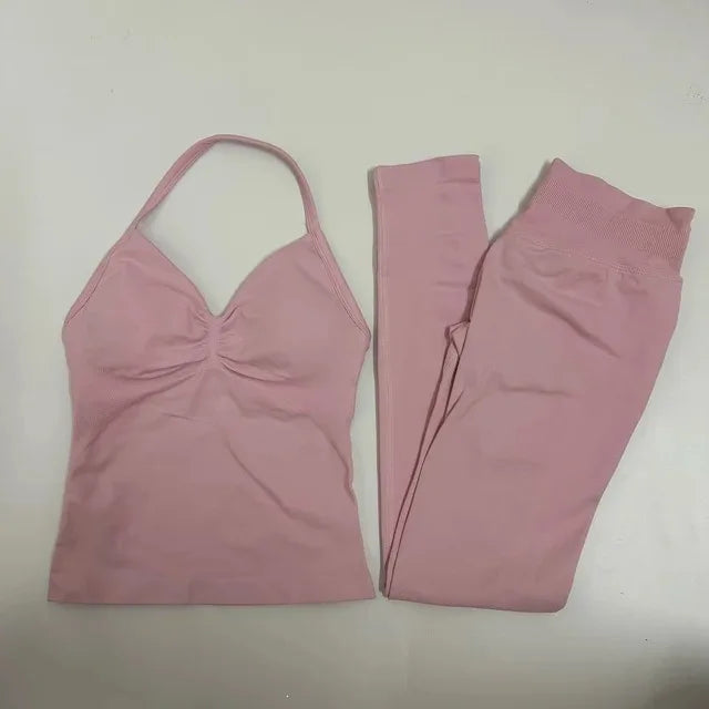 Women Halter Neck Yoga Set 2 Piece High Waist Leggings Crop Top