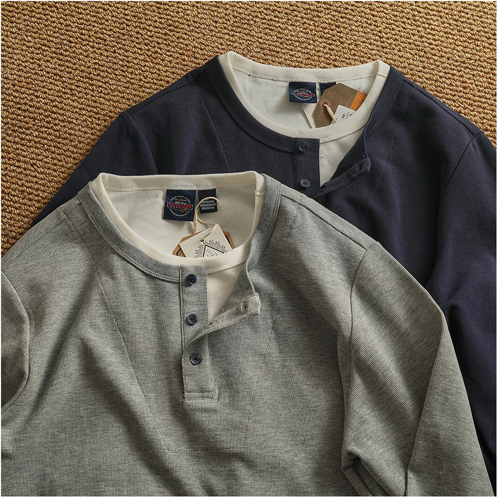 Iceupsnow Men's Retro Autumn Heavyweight Long Sleeve Henley Collar T Shirt