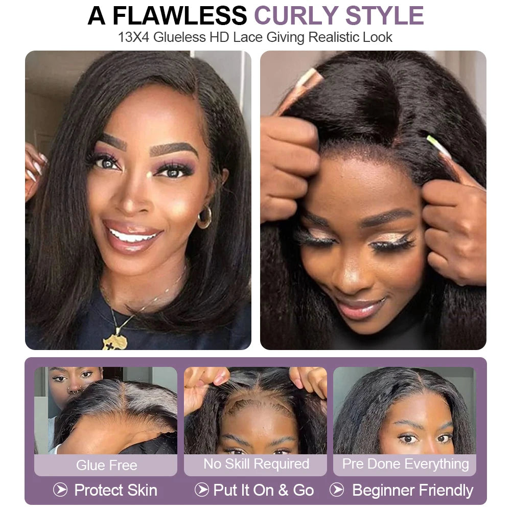 Line Hair Kinky Straight Bob Wig Glueless HD Lace Front