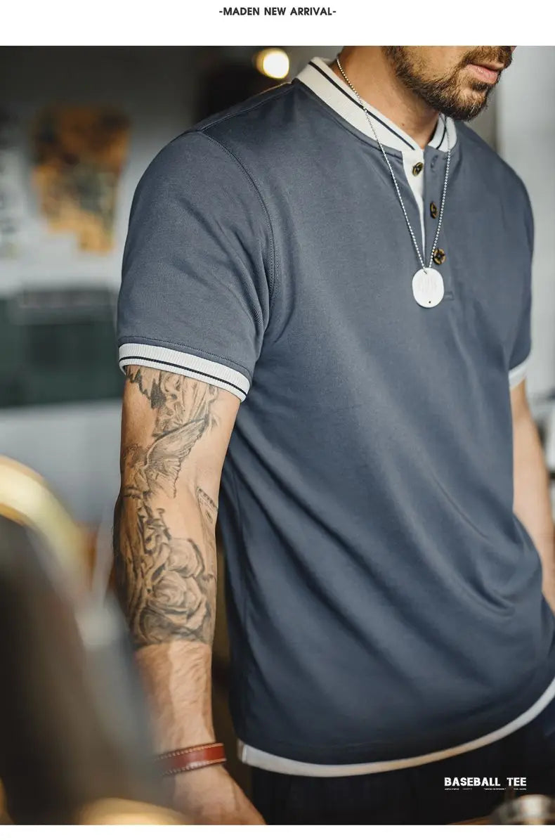 Maden Mens Vintage Henley Short Sleeve Tee Cotton Casual