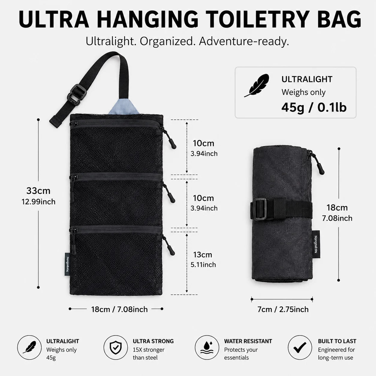 Dyneema Ultralight Hanging Toiletry Bag Three Compartment Waterproof Organizer