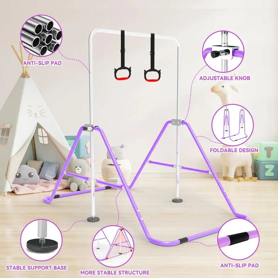 XMSJ Kids Gymnastics Bar With Rings Adjustable Height Folding