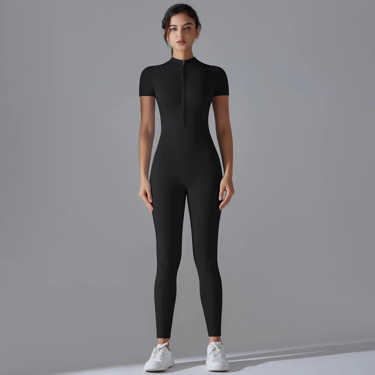 Naked Zipper Short Sleeve Yoga Jumpsuit High Stretch Nylon Spandex Breathable Flat Lock Seams