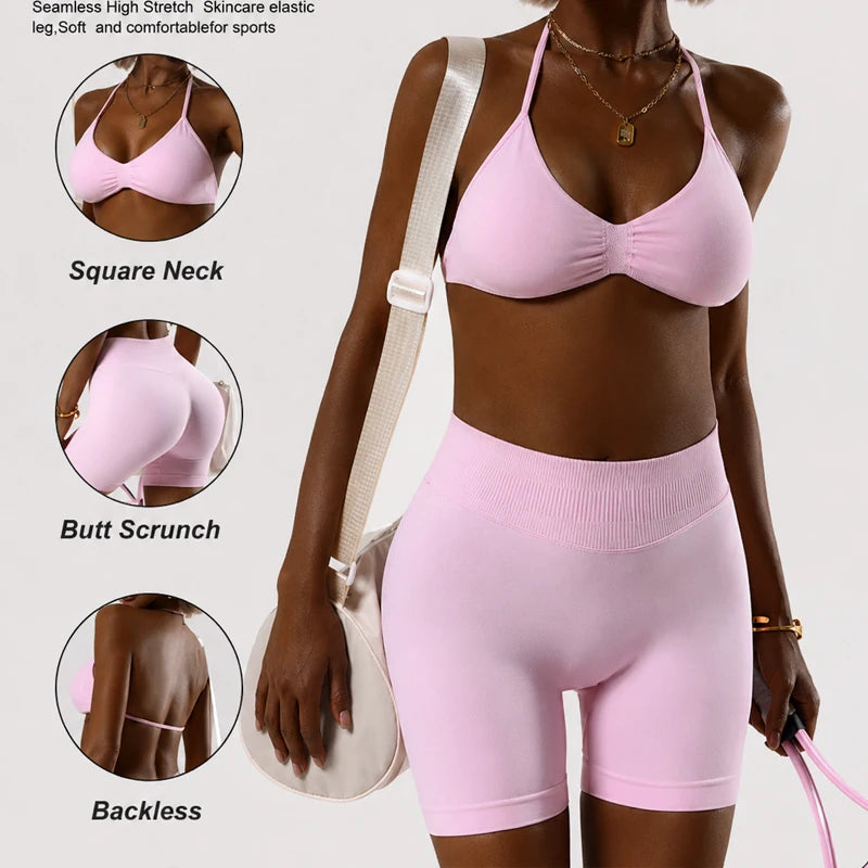 Cavendi Women Yoga Set Halter Top and Seamless Shorts