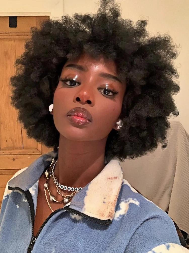 Wig Queen Afro Kinky Curly Remy Hair Wig With Bangs