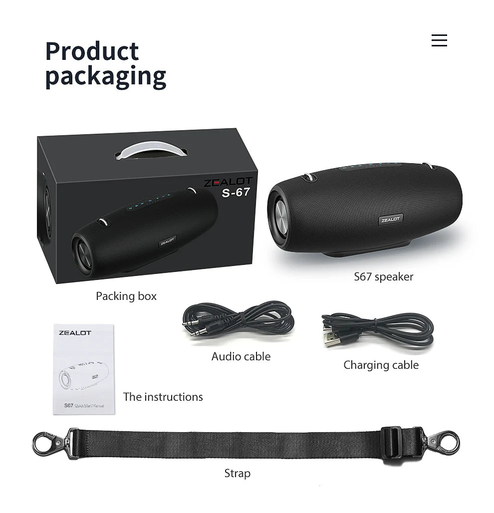 Zealot S67 Wireless Speaker Outdoor Waterproof Portable With Shoulder Strap
