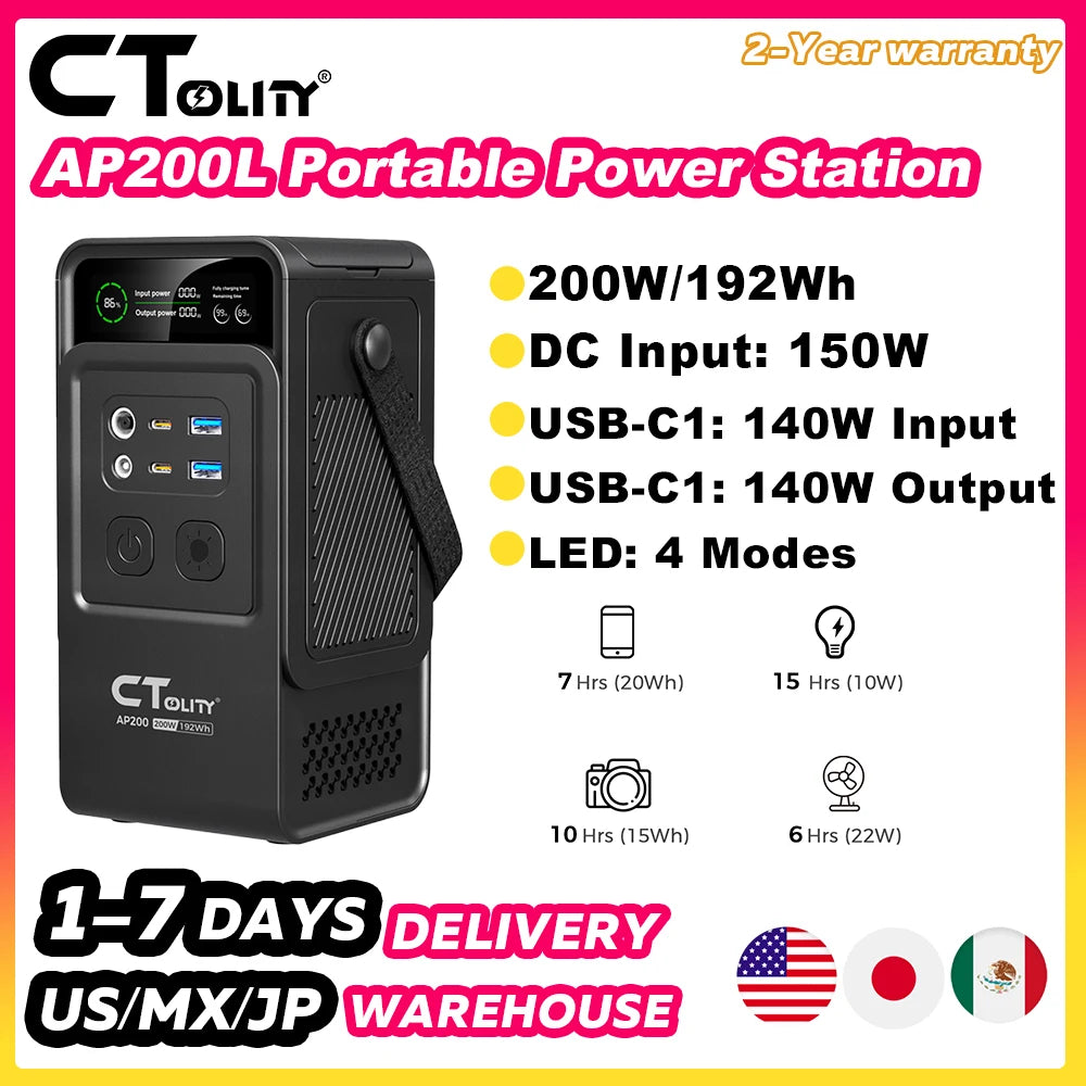 CTOLITY 192Wh LiFePO4 Portable Power Station 200W Solar Generator
