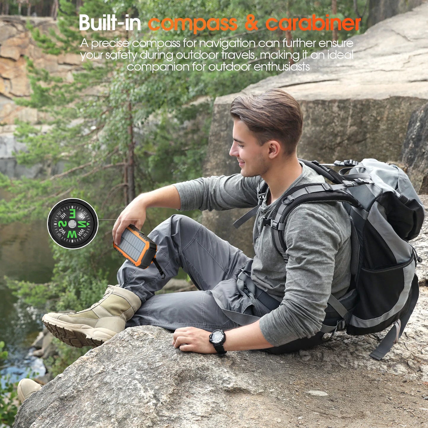 40,000mAh Solar Power Bank With Hand Crank Compass Level LED Flashlight