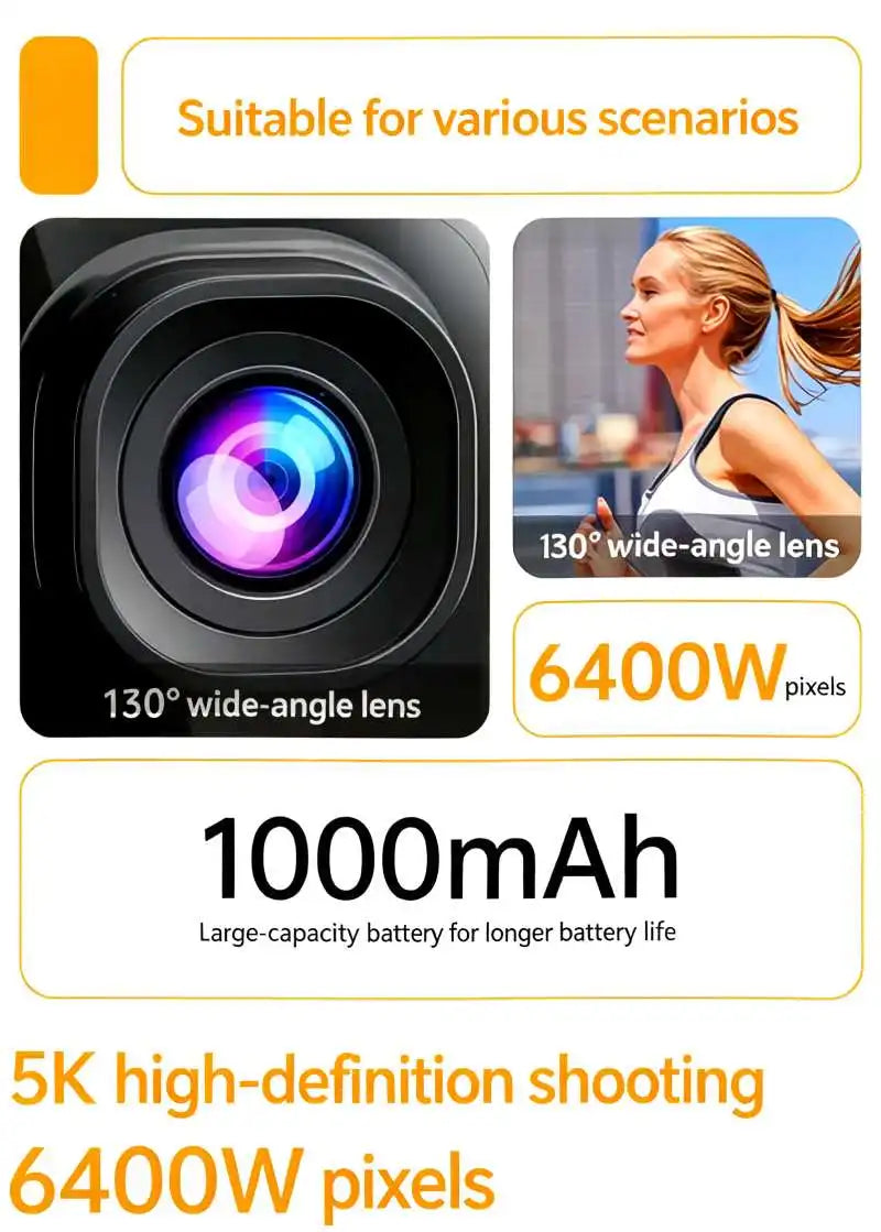 5K Action Camera Wearable Pendant 130 Degree Wide Angle Vlog