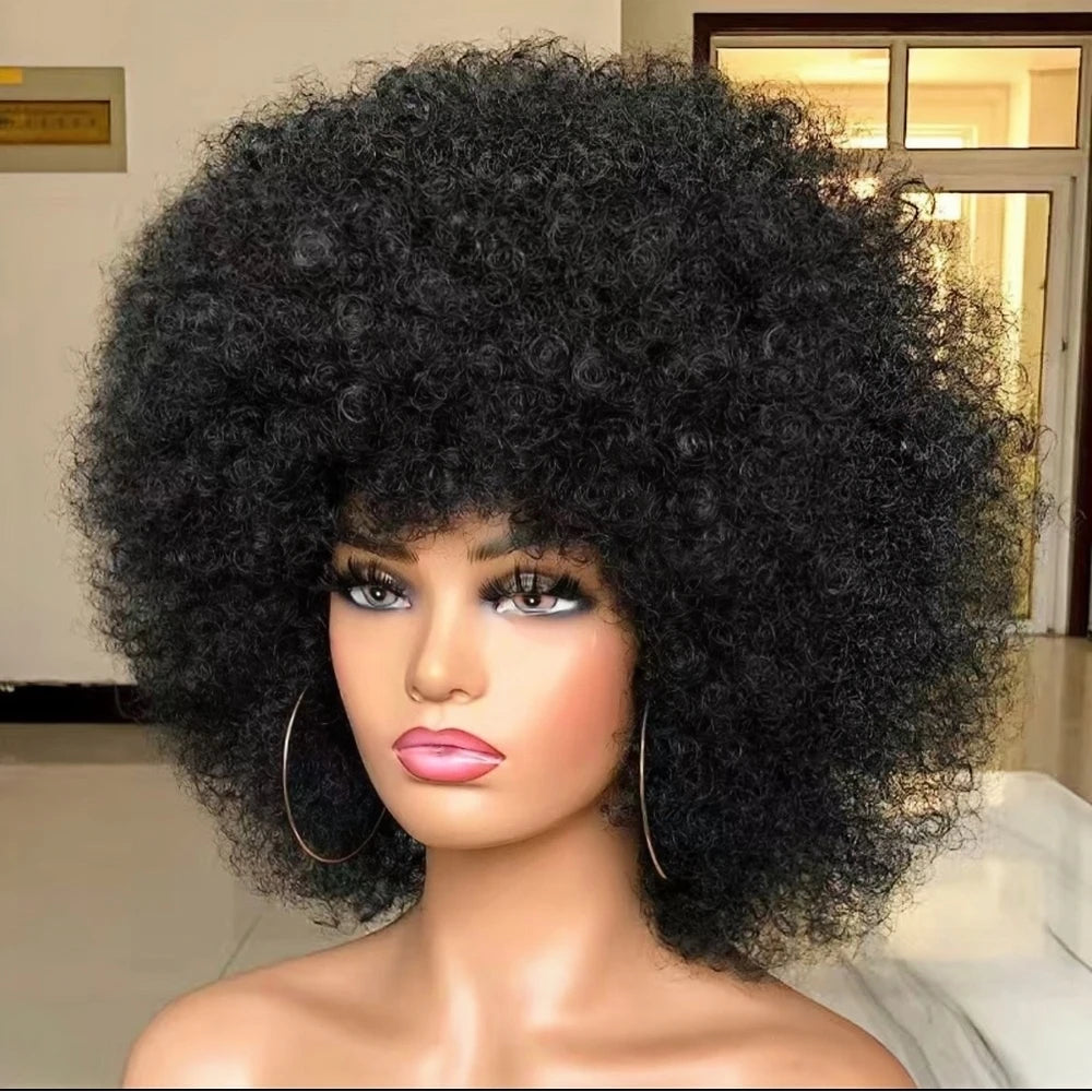 Wig Queen Afro Kinky Curly Remy Hair Wig With Bangs