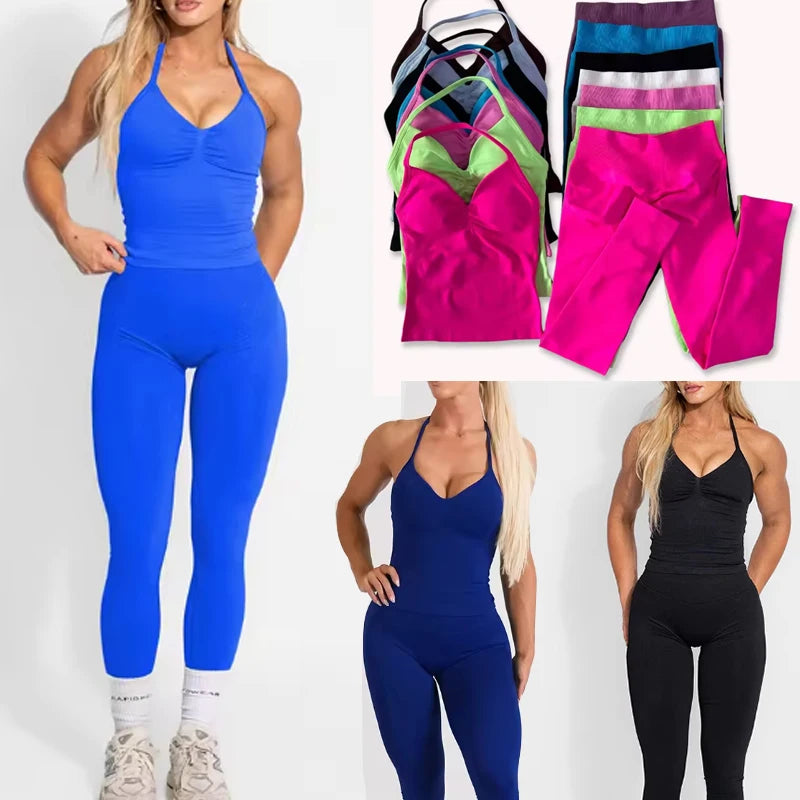 Women Halter Neck Yoga Set 2 Piece High Waist Leggings Crop Top