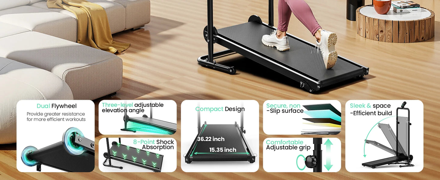 AKLUER Non Motorized Foldable Treadmill With Dual Flywheels LCD Monitor
