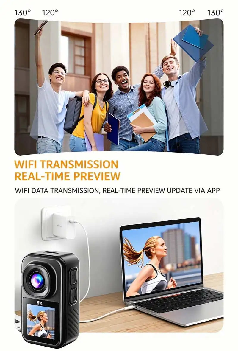 5K Action Camera Wearable Pendant 130 Degree Wide Angle Vlog