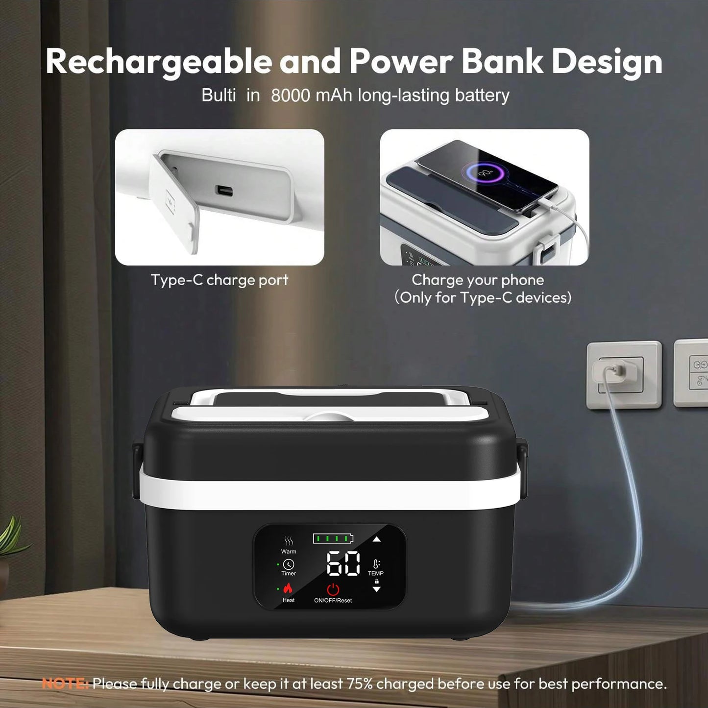 Wireless Heated Insulated Lunch Box With 8000mAh Battery Smart Timer And Adjustable Temperature