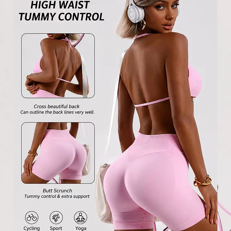 Cavendi Women Yoga Set Halter Top and Seamless Shorts