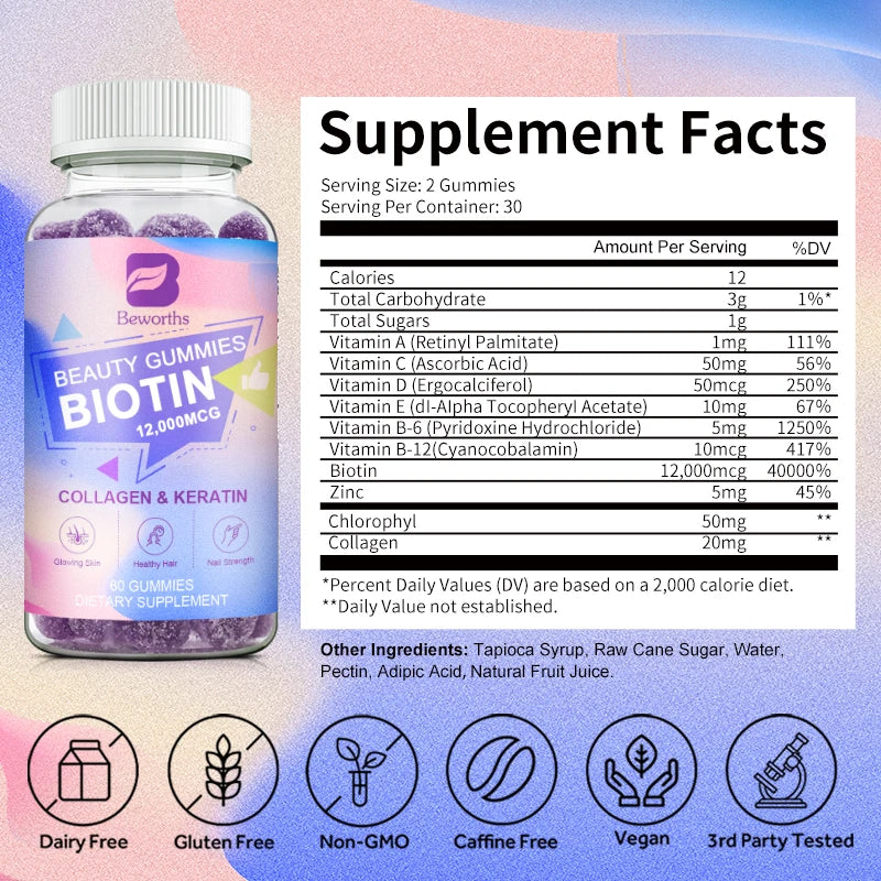 Beworths Collagen Biotin Gummies For Hair Growth And Skin Health Care Support Nails
