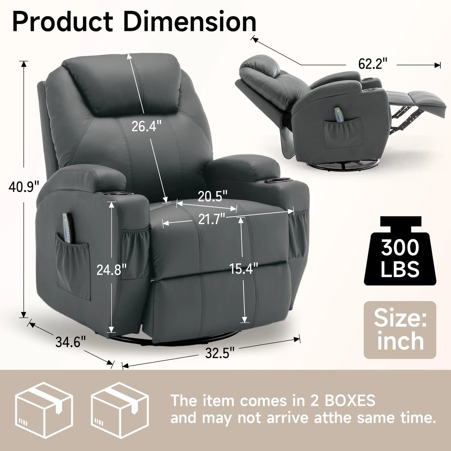 KORSER Recliner Chair With Massage And Heat 360 Degree Swivel 8 Point Vibration Remote Control