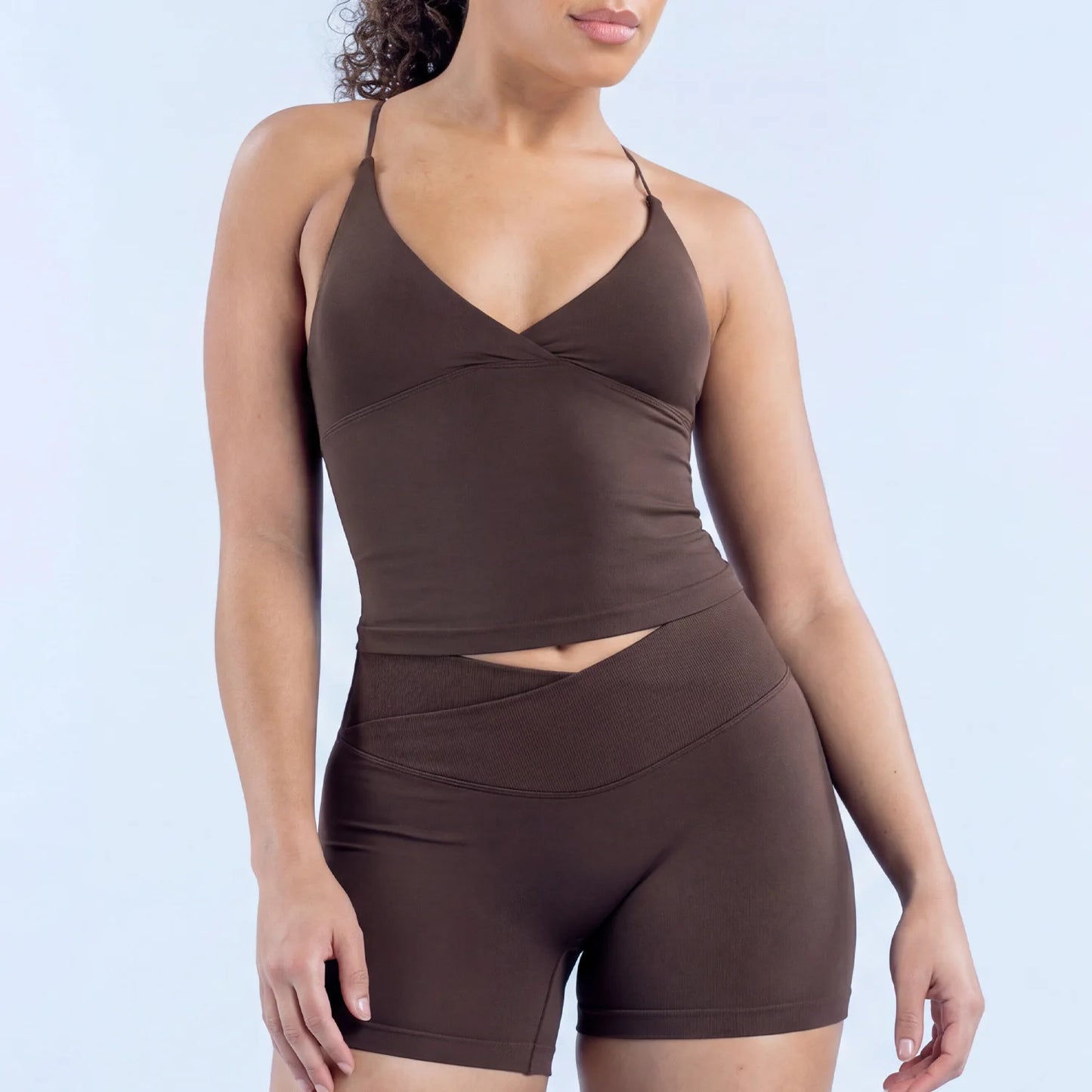 Seamless Women Workout Set V Neck Tank Top And High Waist Shorts