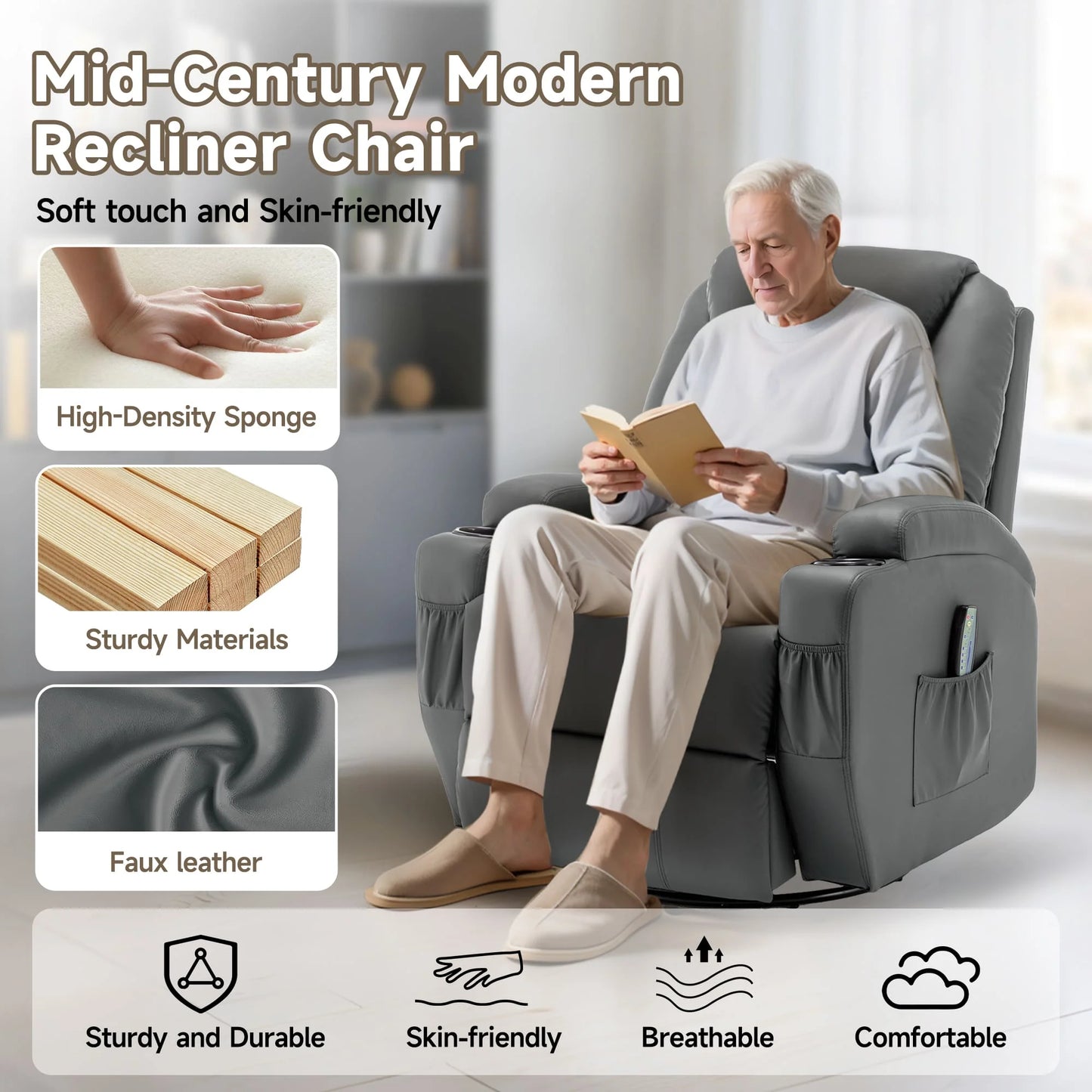 KORSER Recliner Chair With Massage And Heat 360 Degree Swivel 8 Point Vibration Remote Control