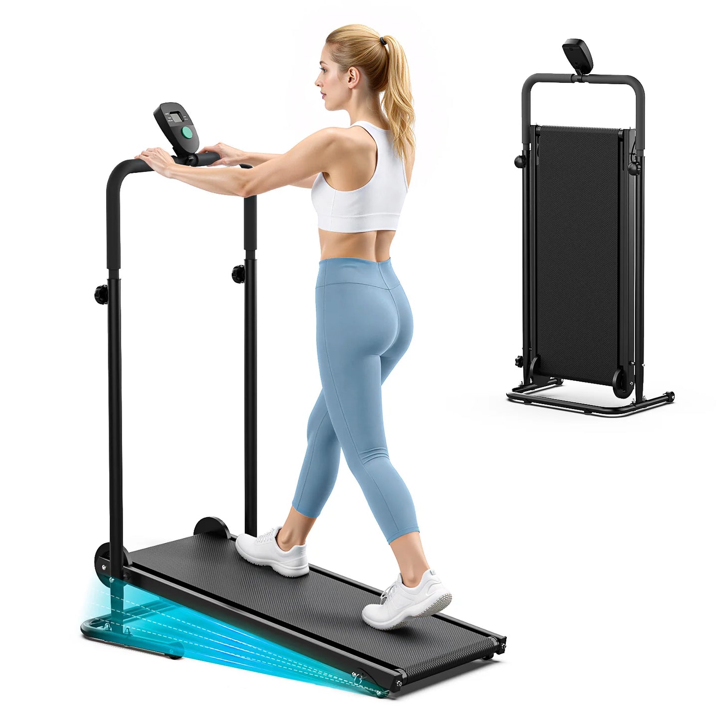 AKLUER Non Motorized Foldable Treadmill With Dual Flywheels LCD Monitor