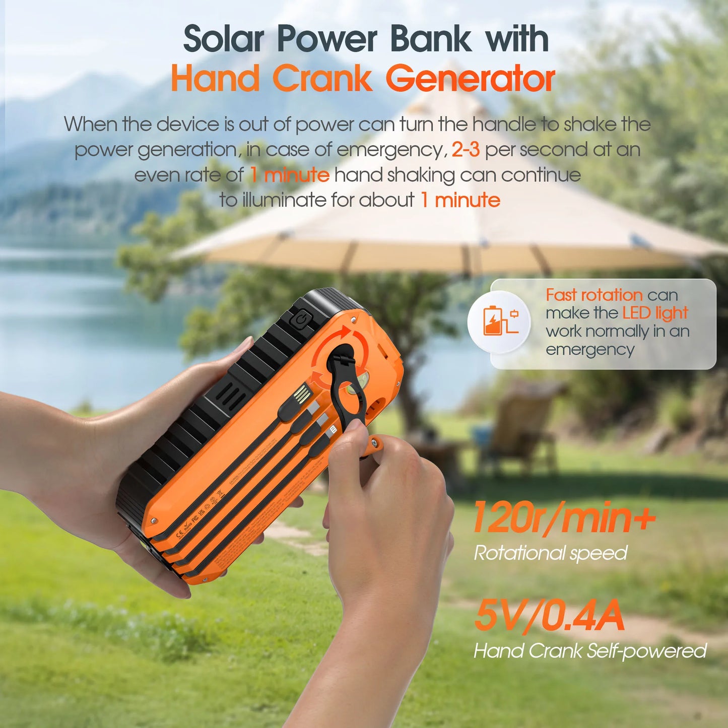 40,000mAh Solar Power Bank With Hand Crank Compass Level LED Flashlight