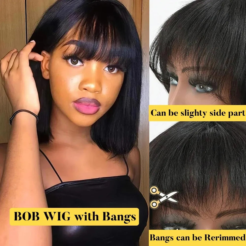 Smilegirl Brazilian Remy Hair Bob Wig With Bangs 3x1 Lace Glueless