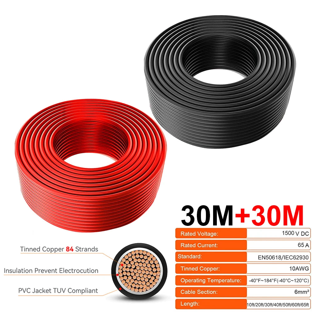 PowMr 10 AWG PV Solar Power Cable TUV Listed Outdoor Photovoltaic Cable With 84 Strand Tinned Copper XLPE LSZH Jacket