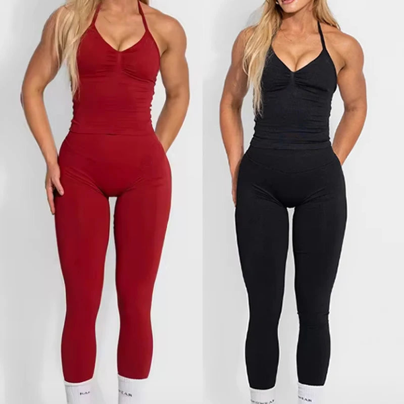 Women Halter Neck Yoga Set 2 Piece High Waist Leggings Crop Top
