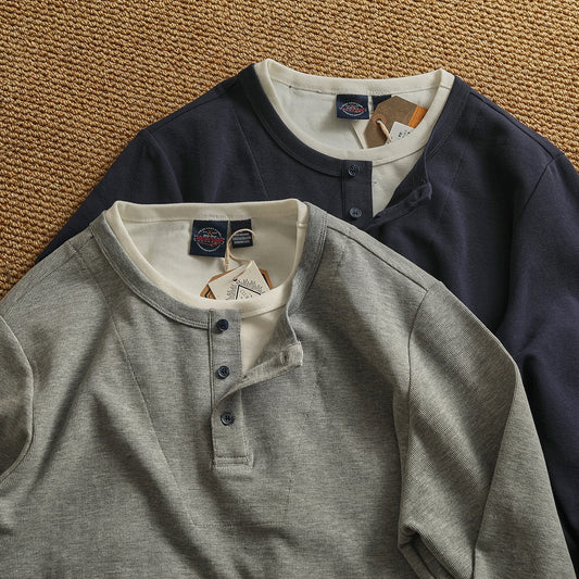 Iceupsnow Men's Retro Autumn Heavyweight Long Sleeve Henley Collar T Shirt