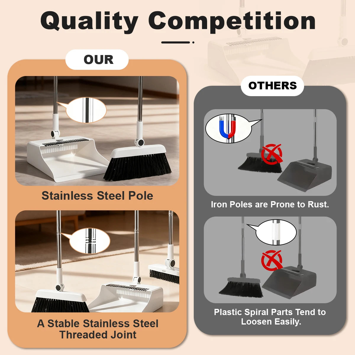 3 In 1 Broom And Dustpan Set With Long Handle For Home And Office Cleaning PVC Head