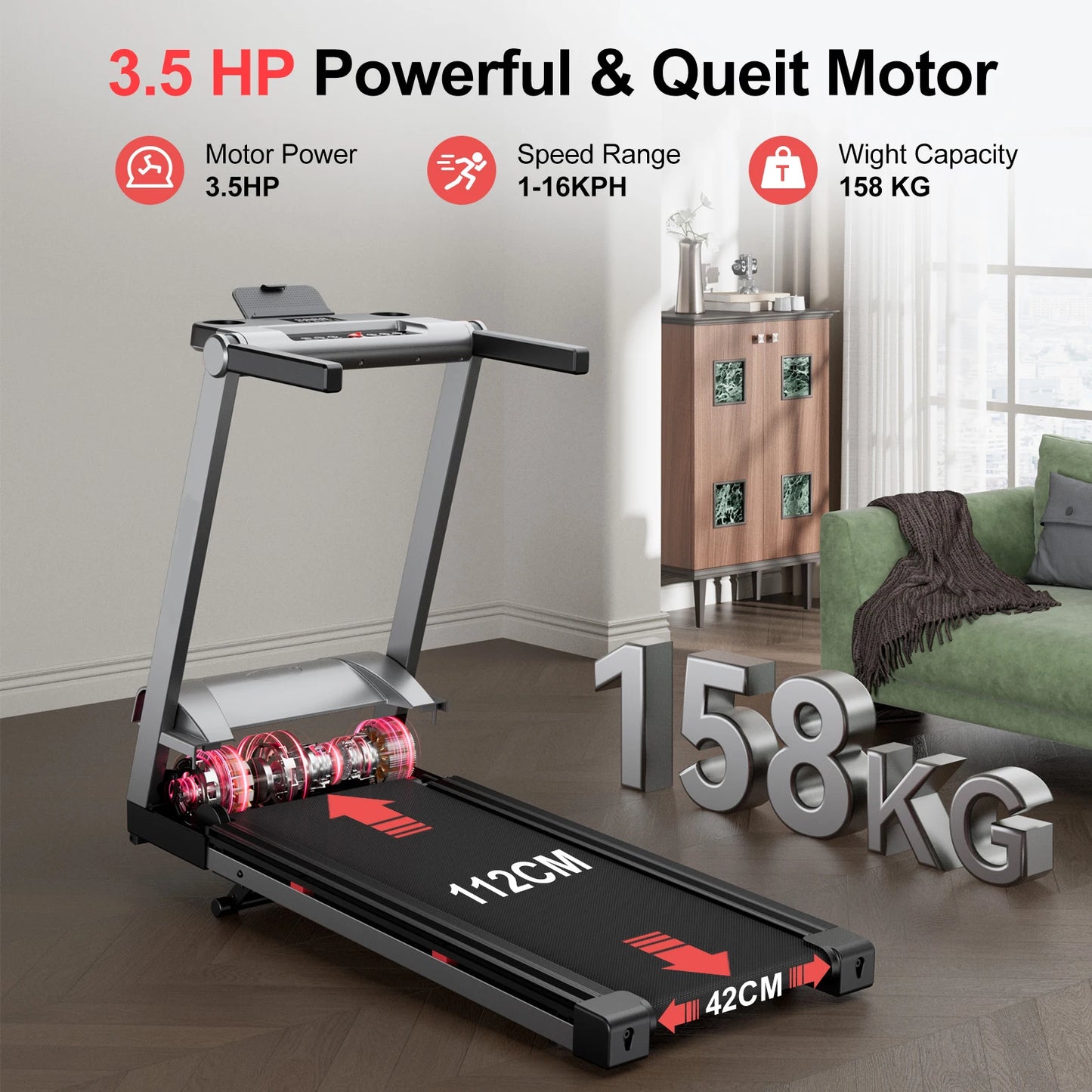 Superun Foldable Incline Treadmill Walking Pad With 6 Percent Incline 112x42 cm Platform Touchscreen App Data Monitoring